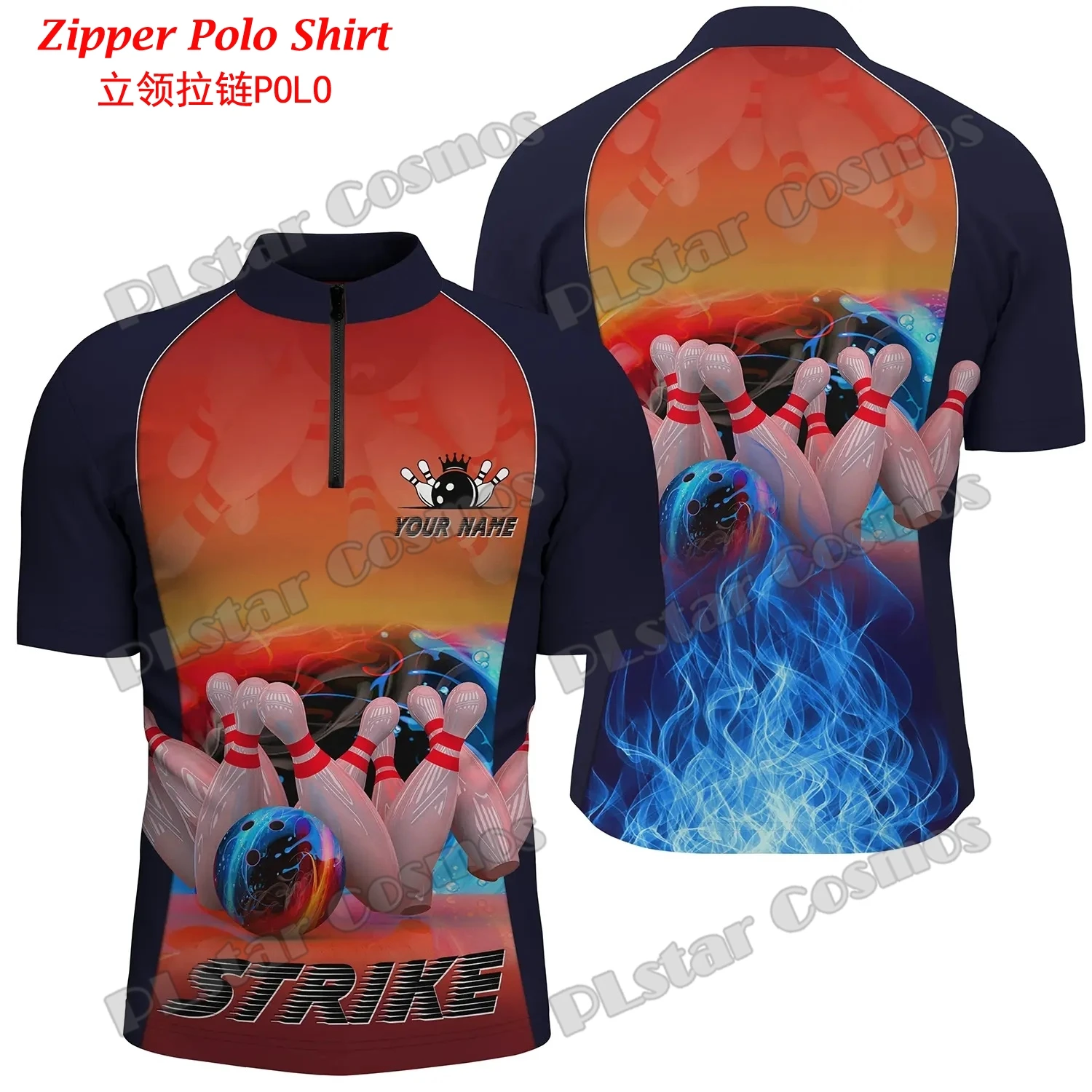 Mens Fashion Quarter Zip - ส่วนบุคคลเปลวไฟสีแดงโบว์ลิ่งบอลและ Pins 3D พิมพ์แฟชั่นผู้ชาย Quarter-Zip เสื้อโปโลฤดูร้อน