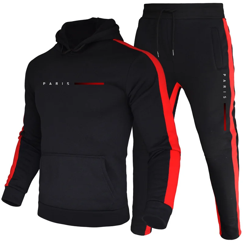 Paris Men'S Fashion - ชุดฮู้ดดี้แฟชั่นผู้ชายสไตล์ปารีส ชุดลำลองสำหรับใส่เล่นกีฬา เสื้อฮู้ดและกางเกงจ็อกเกอร์ แฟชั่นผู้ชาย สีพื้น ชุดวอร์ม