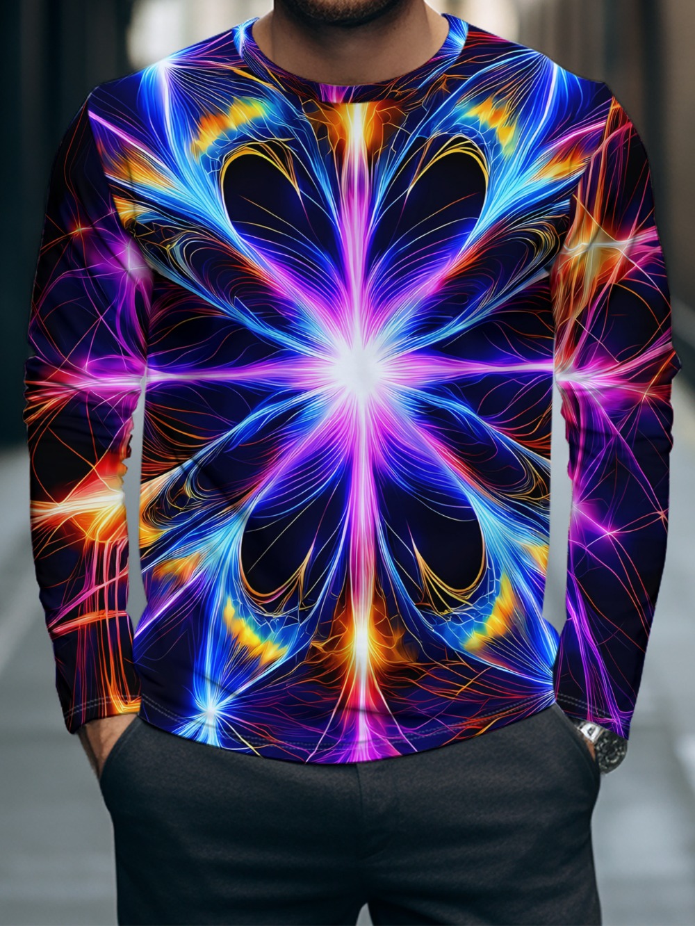 Men'S Spring Fashion - เสื้อผ้ากีฬาลำลองสำหรับผู้ชายลายพิมพ์ 3D ลายแสงจักรวาล ระบายอากาศได้ดี แห้งเร็ว แฟชั่นสตรีทแวร์สำหรับฤดูใบไม้ผลิและฤดูใบไม้ร่วง