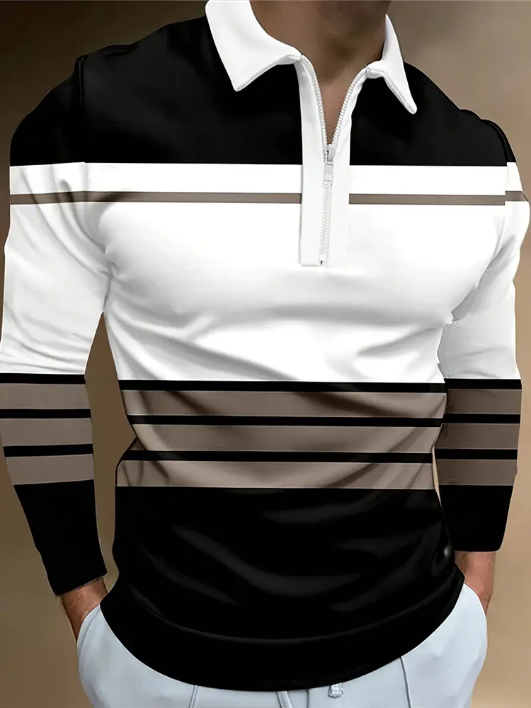 Mens Fashion Quarter Zip - เสื้อโปโลผู้ชาย ซิปโปโล เสื้อโปโลลำลองกลางแจ้ง ปกคอปก แขนยาว แฟชั่นพื้นฐาน