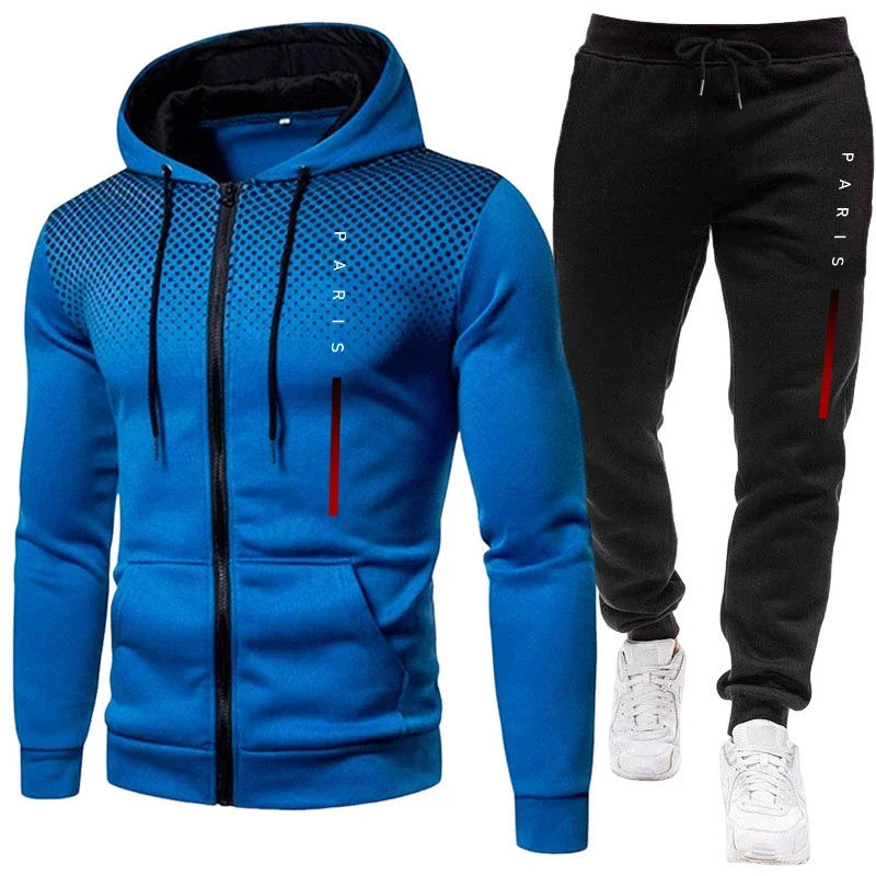 Paris Men'S Fashion - ชุดฮู้ดดี้ลำลองสำหรับฤดูใบไม้ร่วงและฤดูหนาว ชุดกีฬาออกกำลังกายกลางแจ้ง แฟชั่นปารีส ชุดผู้ชาย เสื้อแจ็คเก็ตมีซิปและกางเกงวอร์ม