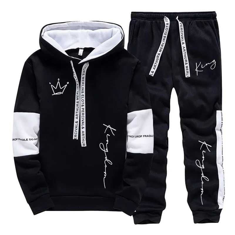 Mens Fashion Casual Outfits - ชุดแฟชั่นลำลองสไตล์สปอร์ตสำหรับผู้ชาย ชุดฮู้ดดี้ทันสมัยสำหรับใส่ในบ้านและนอกบ้าน พร้อมลายพิมพ์ตัวอักษร KING ประกอบด้วยเสื้อฮู้ดดี้และกางเกงวอร์ม