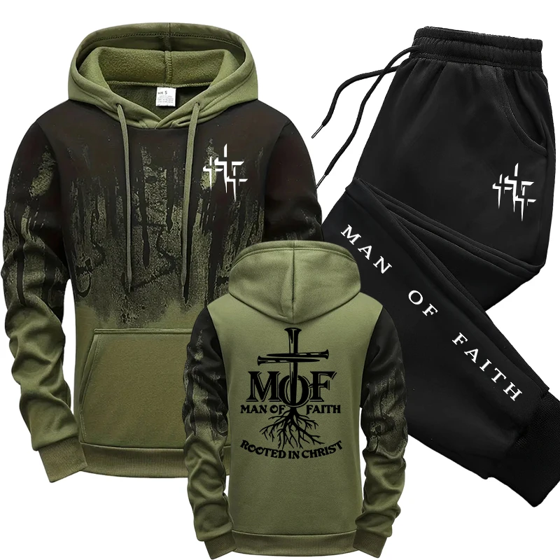 Men'S Fashion Outfits 2026 - ชุดวอร์มผู้ชาย Man of Faith เสื้อฮู้ดและกางเกงวอร์ม คอลเลคชั่นฤดูใบไม้ร่วง/ฤดูหนาว