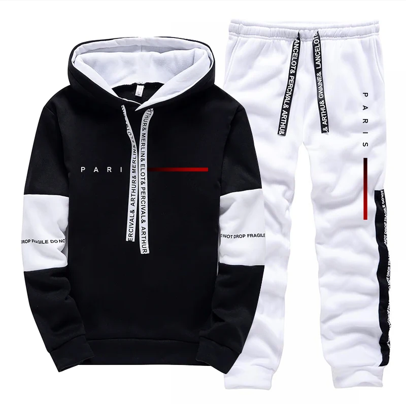 Paris Men'S Fashion - ชุดฮู้ดดี้แฟชั่นสไตล์ปารีสสำหรับผู้ชาย เสื้อฮู้ดและกางเกงขายาวลำลอง ใส่ได้ทุกฤดู เหมาะสำหรับใส่ในชีวิตประจำวัน ออกกำลังกาย หรือเล่นกีฬา