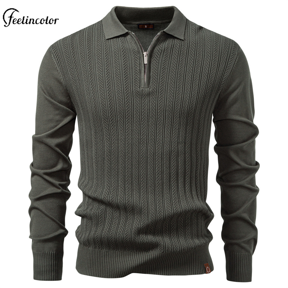 Mens Fashion Quarter Zip - เสื้อโปโลผู้ชายสีเขียวมะกอก แขนยาว คอซิป 1/4 ผ้าถักเนื้อสัมผัสพิเศษ สไตล์ลำลอง