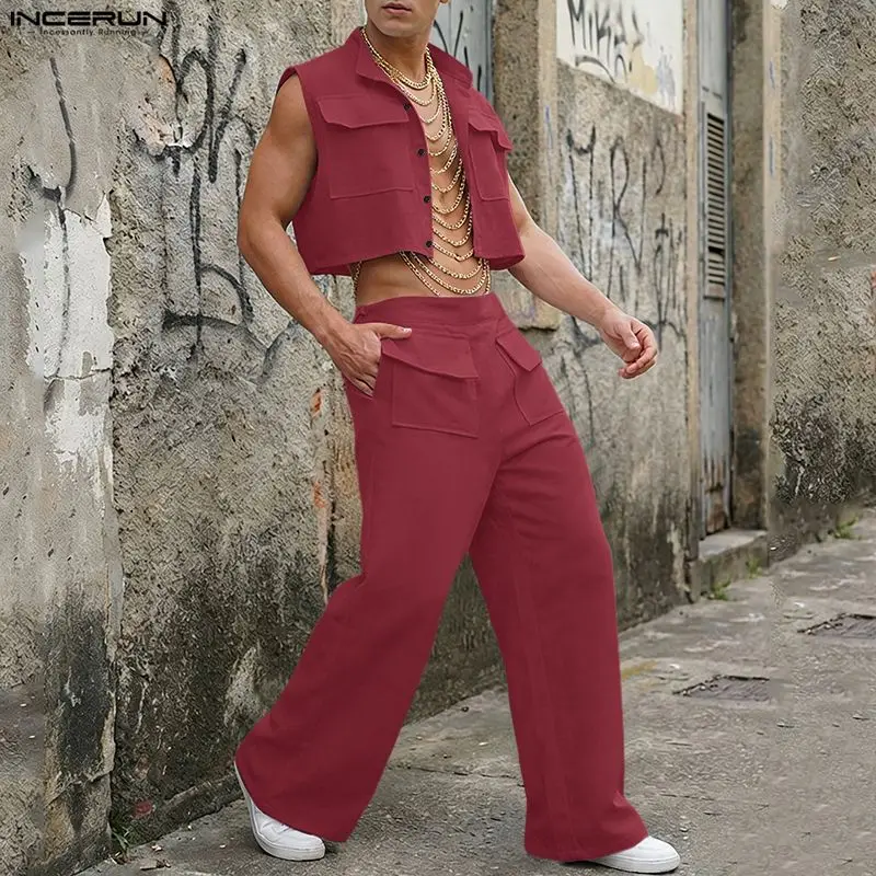 Mens Fashion Casual Outfits - INCERUN ชุดเซ็ตผู้ชาย เสื้อครอปแขนกุดสีพื้น กางเกงขายาว ชุด 2