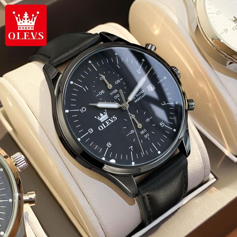 Mens Fashion Watch - OLEVS 2880 นาฬิกาแฟชั่นลำลองสำหรับผู้ชายโครโนกราฟ 30M สายหนังกันน้ำนาฬิกาควอทซ์สำหรับผู้ชายนาฬิกาข้อมือแท้เรืองแสง