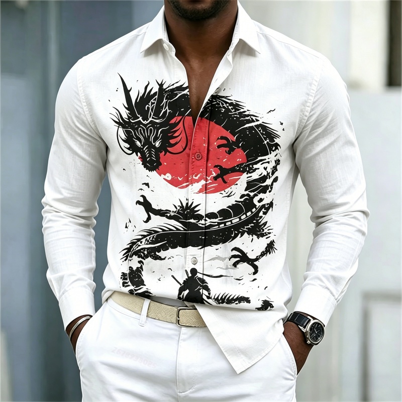 Mens Fashion Casual Outfits - เสื้อเชิ้ตผู้ชายลายมังกรสีขาวดำแดงตัดกัน รุ่นใหม่ปี 2026 สไตล์สตรีทแฟชั่นลำลองธุรกิจ แขนยาว เสื้อผ้าผู้ชาย