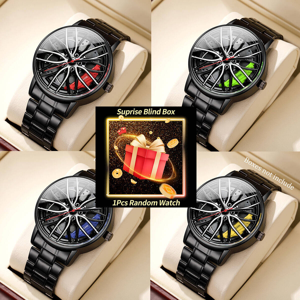 Mens Fashion Watch - 1PC ความประหลาดใจนาฬิกาลึกลับ Blind Box-แฟชั่นผู้ชายกีฬานาฬิกา 3d ล้อรถสแตนเลสสตีลนาฬิกาข้อมือ