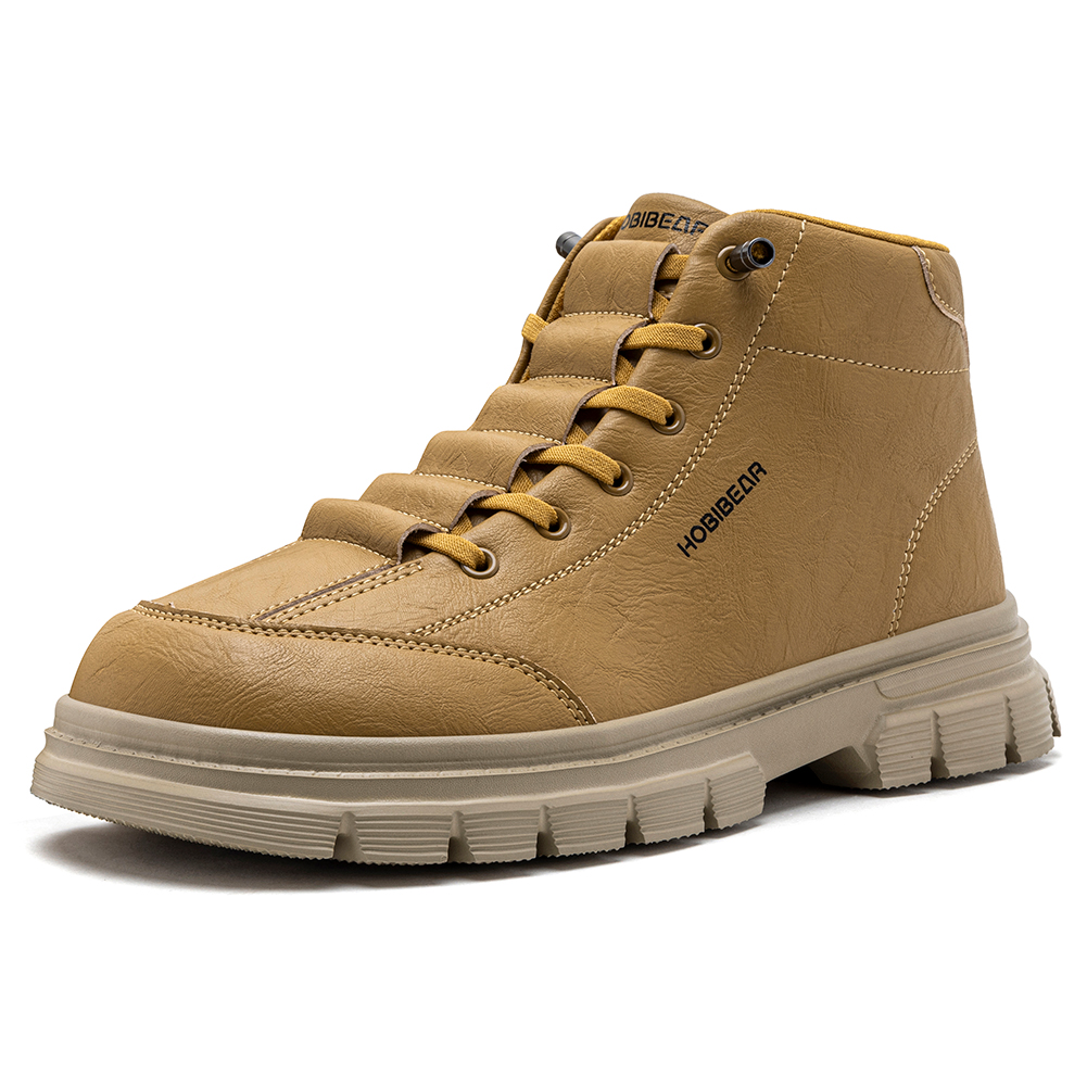 Fashion Men'S Boots - HOBIBEAR รองเท้าบูทข้อสั้นสำหรับผู้ชาย หัวกว้าง หนังเทียม พื้นหนา แบบผูกเชือก