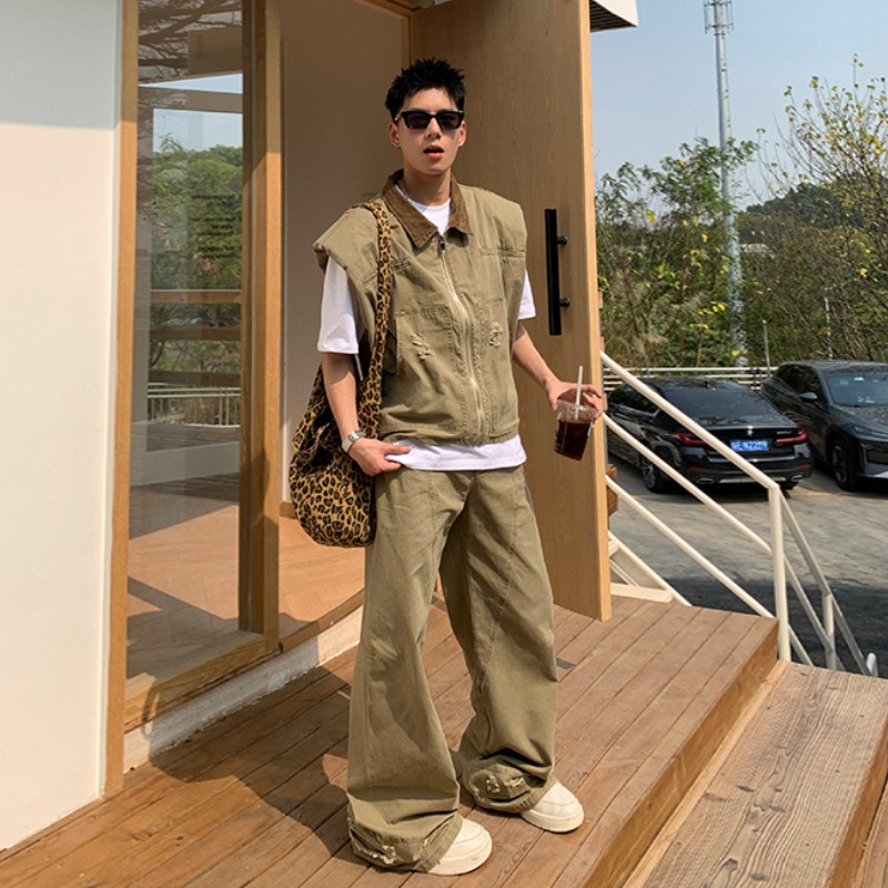 Men'S Spring Fashion - แบรนด์แฟชั่นอเมริกัน เสื้อแจ็คเก็ตยีนส์สไตล์เรโทรสำหรับผู้ชาย ชุดเสื้อกั๊กทรงหลวมพร้อมกางเกงขายาว ดีไซน์ใหม่สำหรับฤดูร้อน ทันสมัยและลำลอง