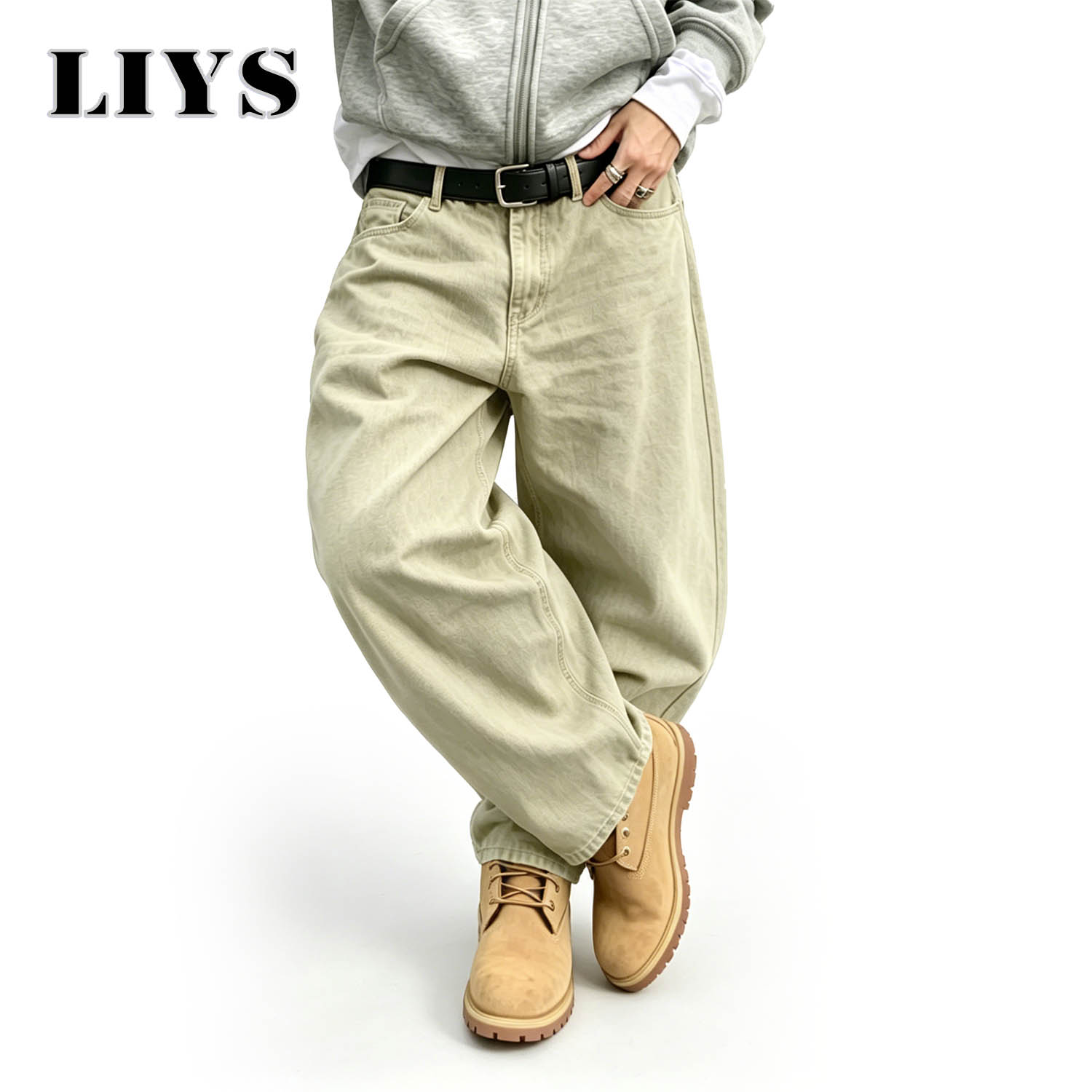 Men'S Fashion Khaki Pants - กางเกงยีนส์ทรงหลวมขากว้างสไตล์อเมริกันเรโทรสีกากีอ่อนสำหรับผู้ชาย แบรนด์ LIYS ทรงตรงแบบหลวม ซักล้างแล้ว เหมาะสำหรับใส่ทำงาน