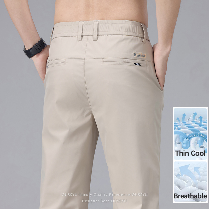 Men'S Fashion Khaki Pants - ฤดูร้อนกางเกงลำลองผู้ชายบาง ๆ แฟชั่นเอวยางยืดระบายอากาศได้ตรงธุรกิจทำงานกางเกงสีทึบสีดำสีเทาสีกากี