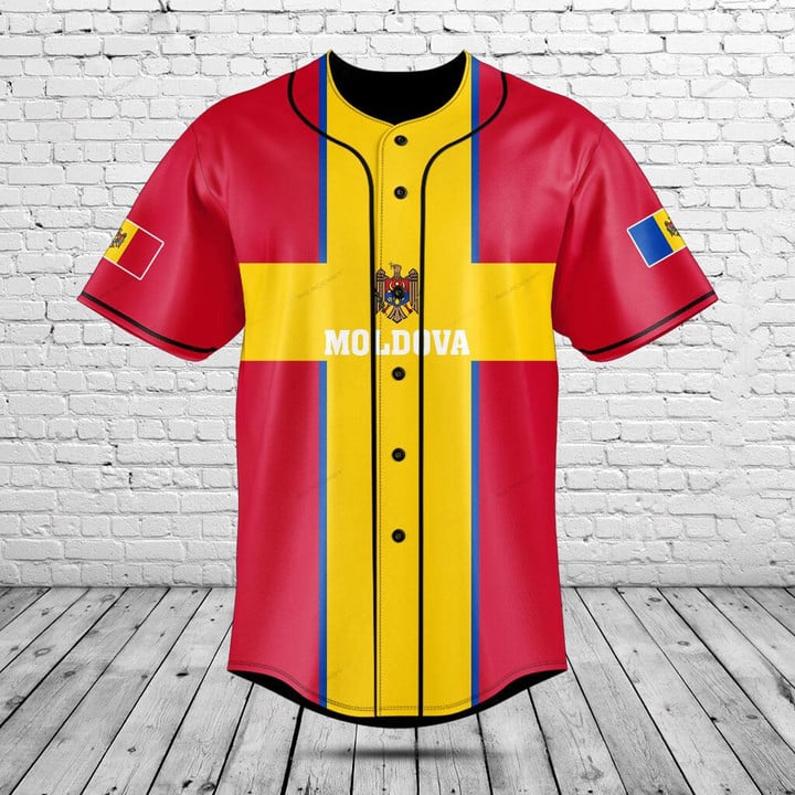 Mens Fashion Baseball Jersey - เสื้อเชิ้ตติดกระดุมลายธงชาติมอลโดวา ชื่อสั่งทำพิเศษ แฟชั่นลำลองฤดูร้อนสำหรับผู้ชาย เสื้อเจอร์ซีย์ทีมเบสบอลสตรีทแวร์ เสื้อแขนสั้นเท่ๆ