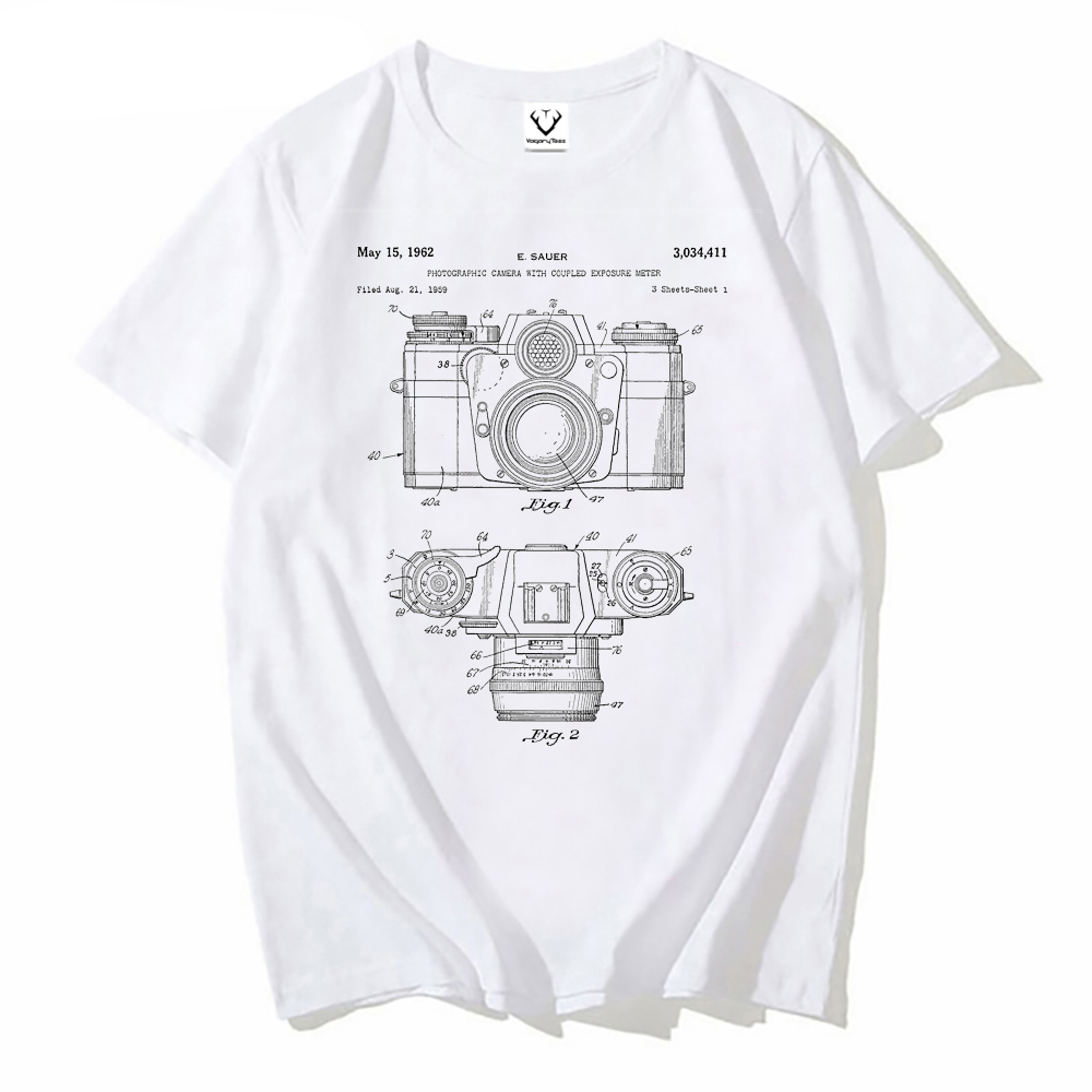 Men Fashion Photography - แฟชั่น vintage ผู้ชายแขนสั้นฤดูร้อน Boy Tees การถ่ายภาพคนรักศิลปะชายเสื้อกล้องสิทธิบัตรสีดําและสีขาวคลาสสิกเสื้อยืด
