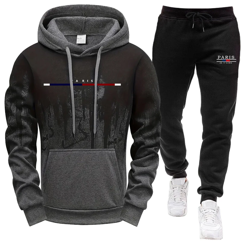 Paris Men'S Fashion - ชุดผู้ชาย/เสื้อฮู้ด/กางเกง ชุดสเวตเตอร์มีฮู้ดและกางเกงสเวตแพนท์สำหรับฤดูใบไม้ร่วงและฤดูหนาว ชุดกีฬาสำหรับกิจกรรมกลางแจ้ง แฟชั่นลำลองสไตล์ปารีส