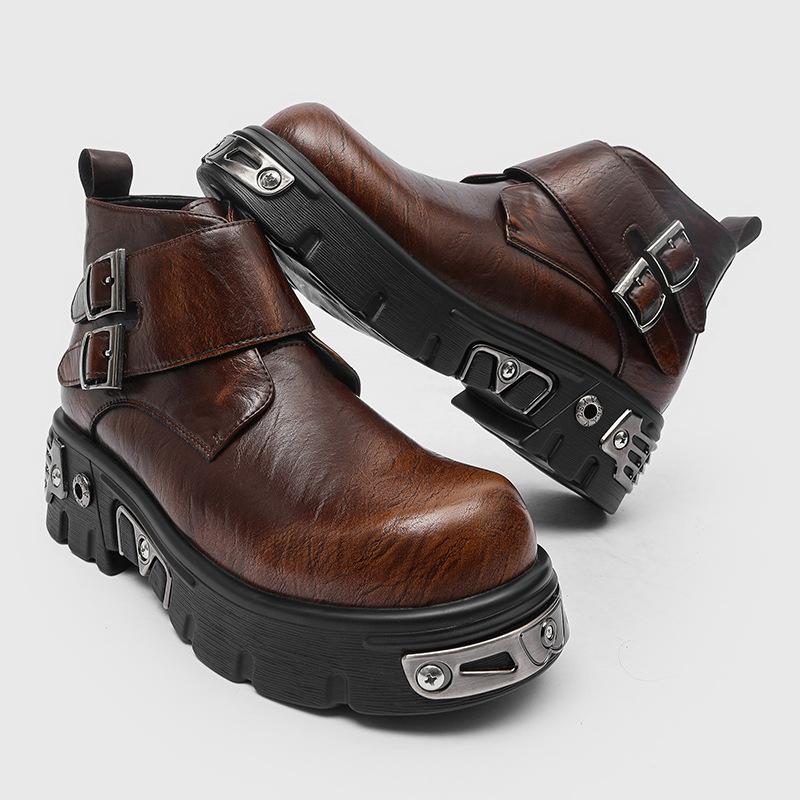 Fashion Men'S Boots - รองเท้าบูทแฟชั่นพังก์กอธทรงสูงสำหรับผู้ชายไซส์ใหญ่ สีเงิน สีน้ำตาล รองเท้าดีไซน์เนอร์ รองเท้าบูทคาวบอยแบบส้นตึก หัวเข็มขัดคู่