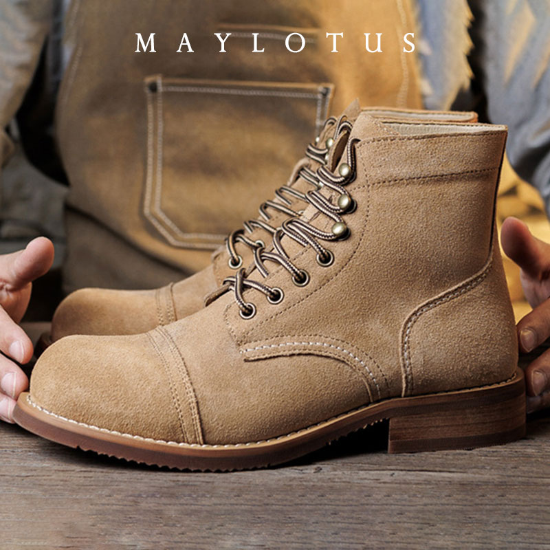 Fashion Men'S Boots - รองเท้าบูทหนังกลับแบบ Goodyear-Welted สไตล์มอเตอร์ไซค์ ทนทาน แนววินเทจ หนังกลับ