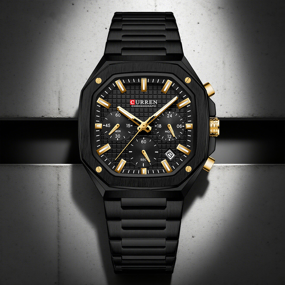 Mens Fashion Watch - CURREN นาฬิกาโครโนสแควร์สุดหรูสำหรับผู้ชายดีไซน์คลาสสิกสีทองบนหน้าปัดสีดำแฟชั่นนาฬิกาข้อมือควอตซ์มือส่องสว่าง