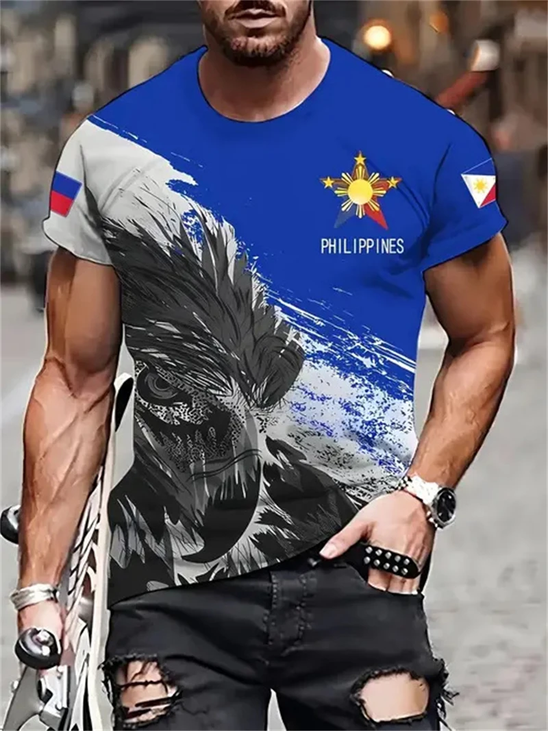 Men'S Fashion Philippines - เสื้อยืดพิมพ์ลายธงชาติฟิลิปปินส์สำหรับผู้ชาย แขนสั้น คอกลม เสื้อยืดลำลองสไตล์รักชาติ