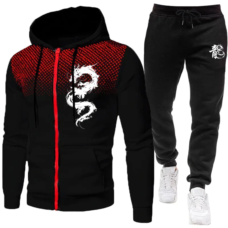 Men'S Fashion Outfits 2026 - ชุดวอร์มผู้ชายลายมังกรรุ่นใหม่ปี 2026 เสื้อฮู้ดและกางเกงวอร์มแฟชั่นลำลองสไตล์เมือง พร้อมซิป