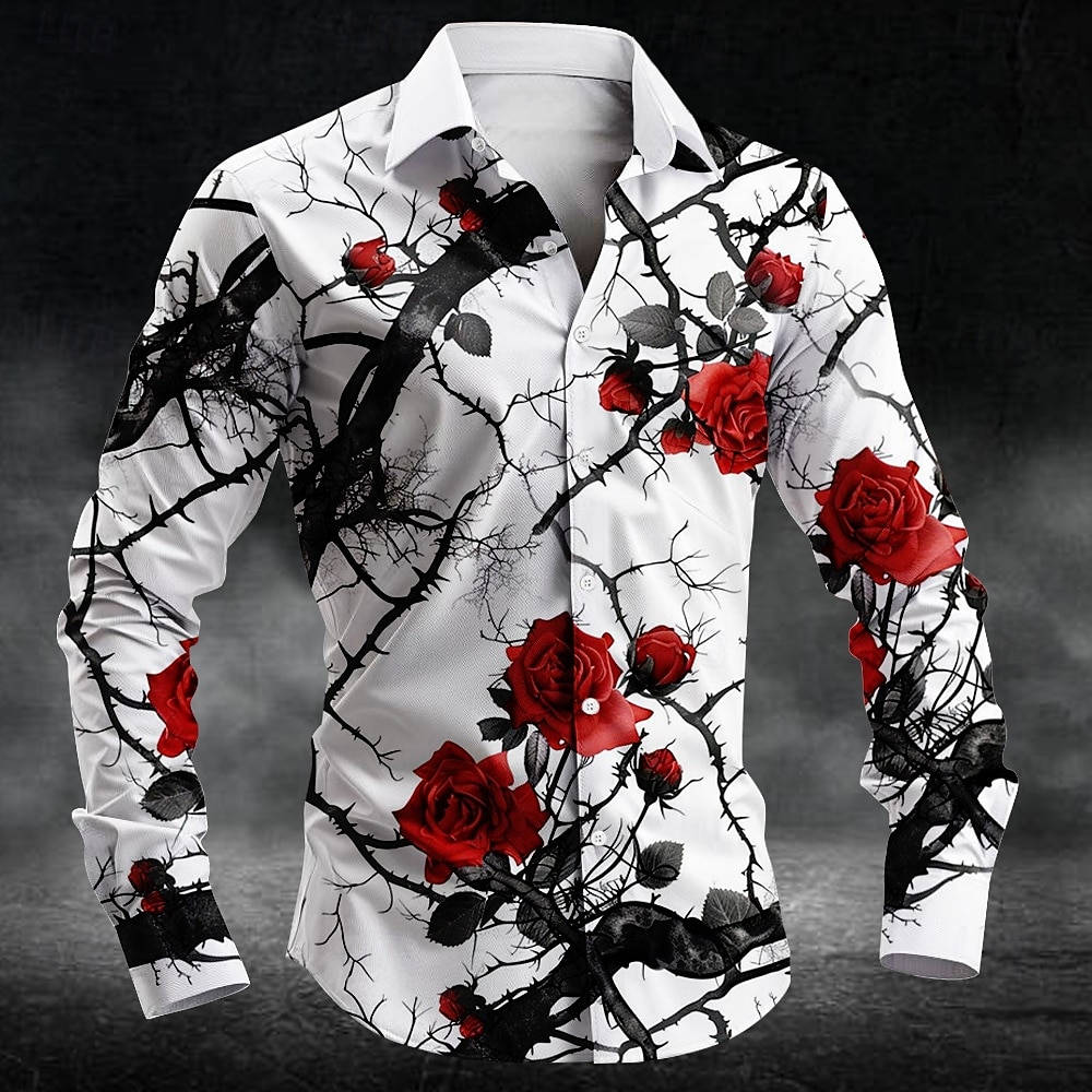 Men'S Spring Fashion - เสื้อเชิ้ตลายดอกพลัมแฟชั่น พิมพ์ลาย 3 มิติ แขนยาวสำหรับผู้ชาย เสื้อเชิ้ตศิลปะ