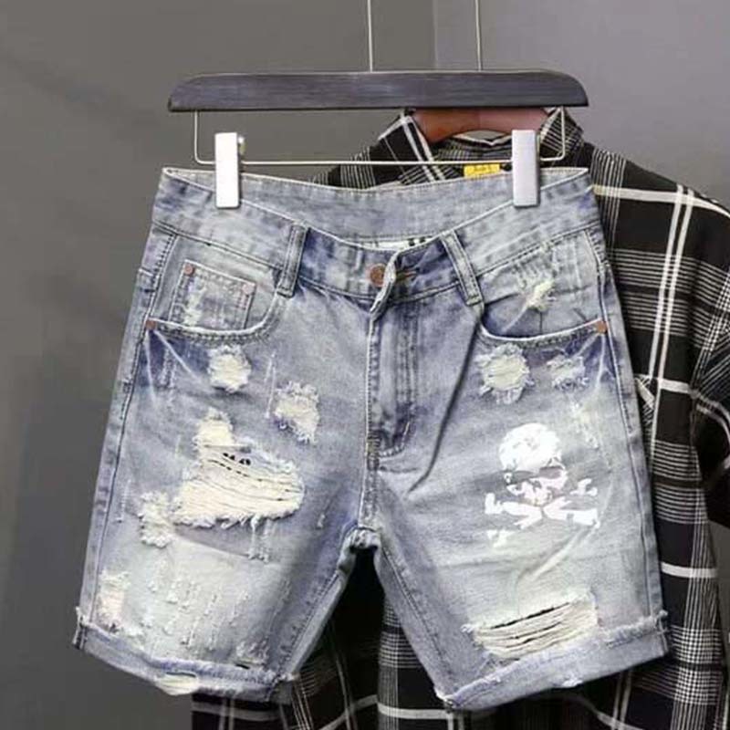 Men'S Fashion Linen Pants - ชุดเดรสผู้ชายแบบมีรูลูกปัดยืดได้แนวสตรีทกางเกงยีนส์ชายขาสั้นแบบขาด MODE Korea celana pendek DENIM