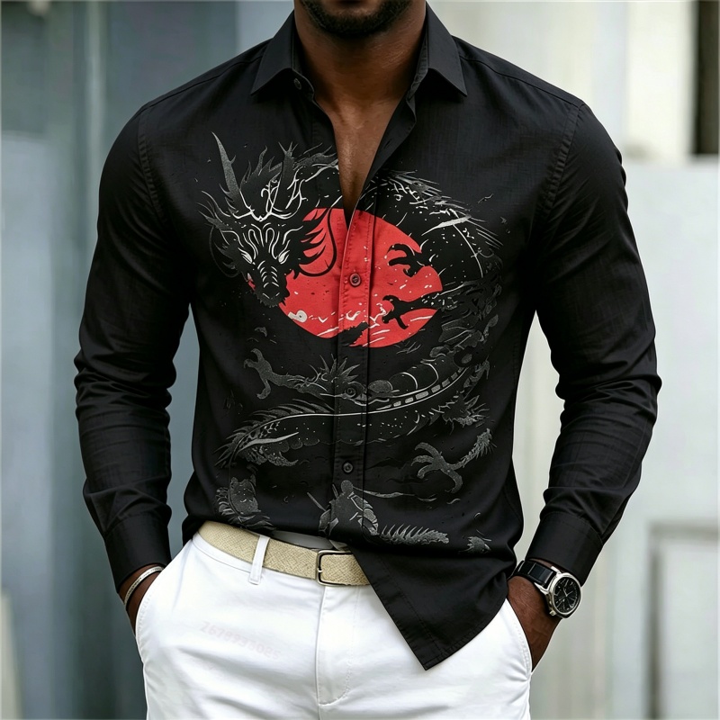 เสื้อเชิ้ตผู้ชายลายมังกรสีขาวด - Mens Fashion Casual Outfits บทวิจารณ์และราคา
