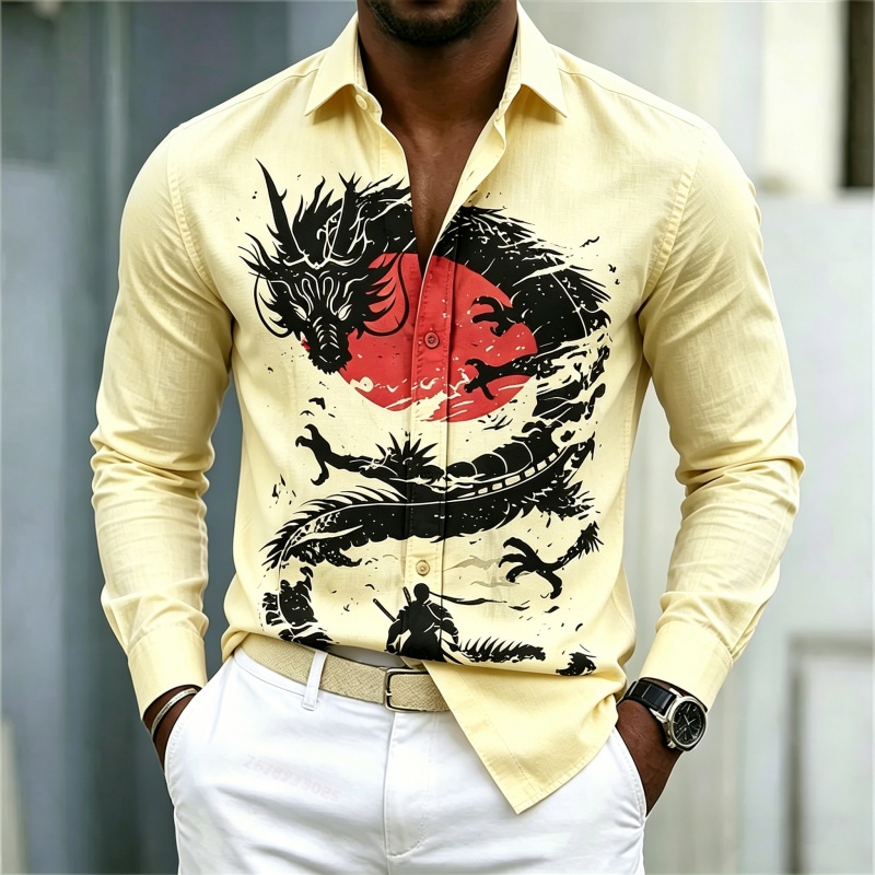เสื้อเชิ้ตผู้ชายลายมังกรสีขาวด - Mens Fashion Casual Outfits บทวิจารณ์และราคา