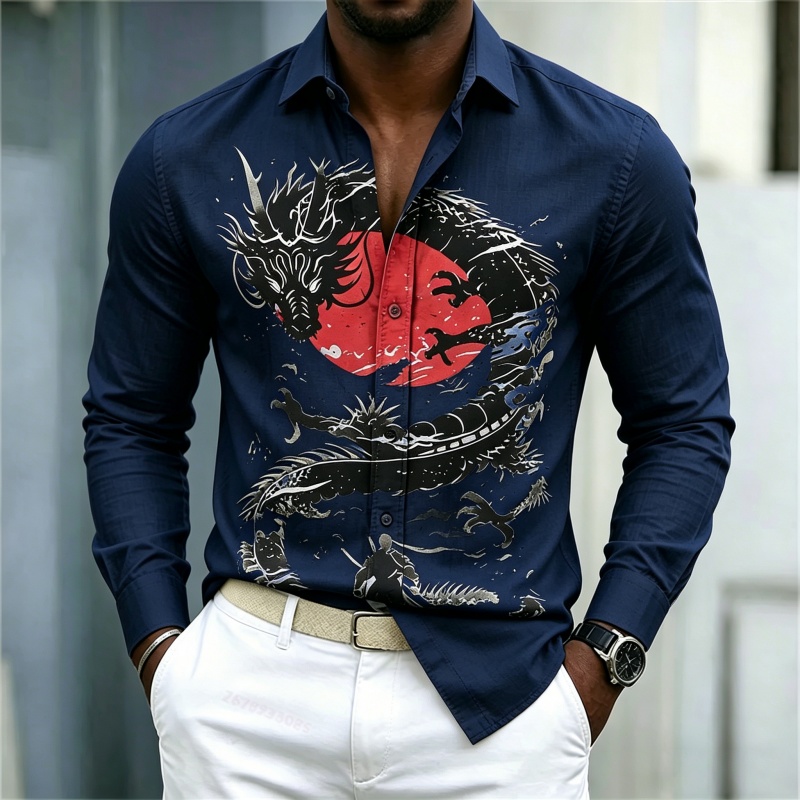 เสื้อเชิ้ตผู้ชายลายมังกรสีขาวด - Mens Fashion Casual Outfits บทวิจารณ์และราคา